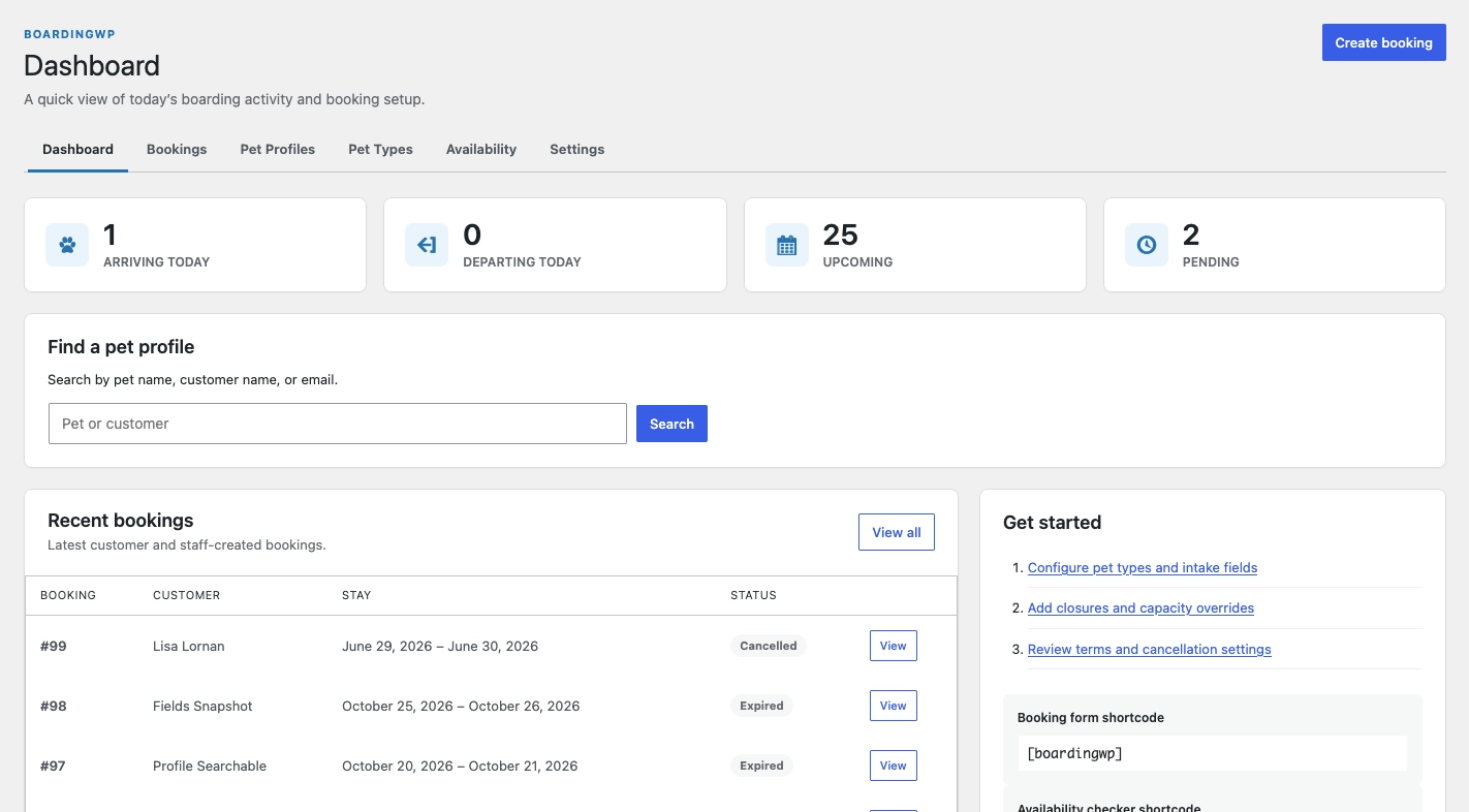 BoardingWP admin dashboard showing booking management and setup tools