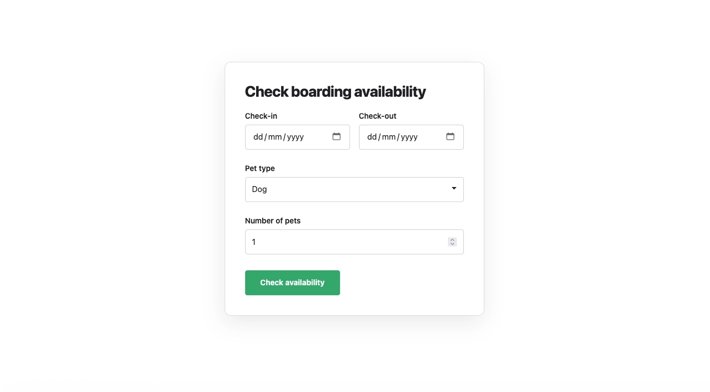 BoardingWP availability view showing stay validation and capacity controls