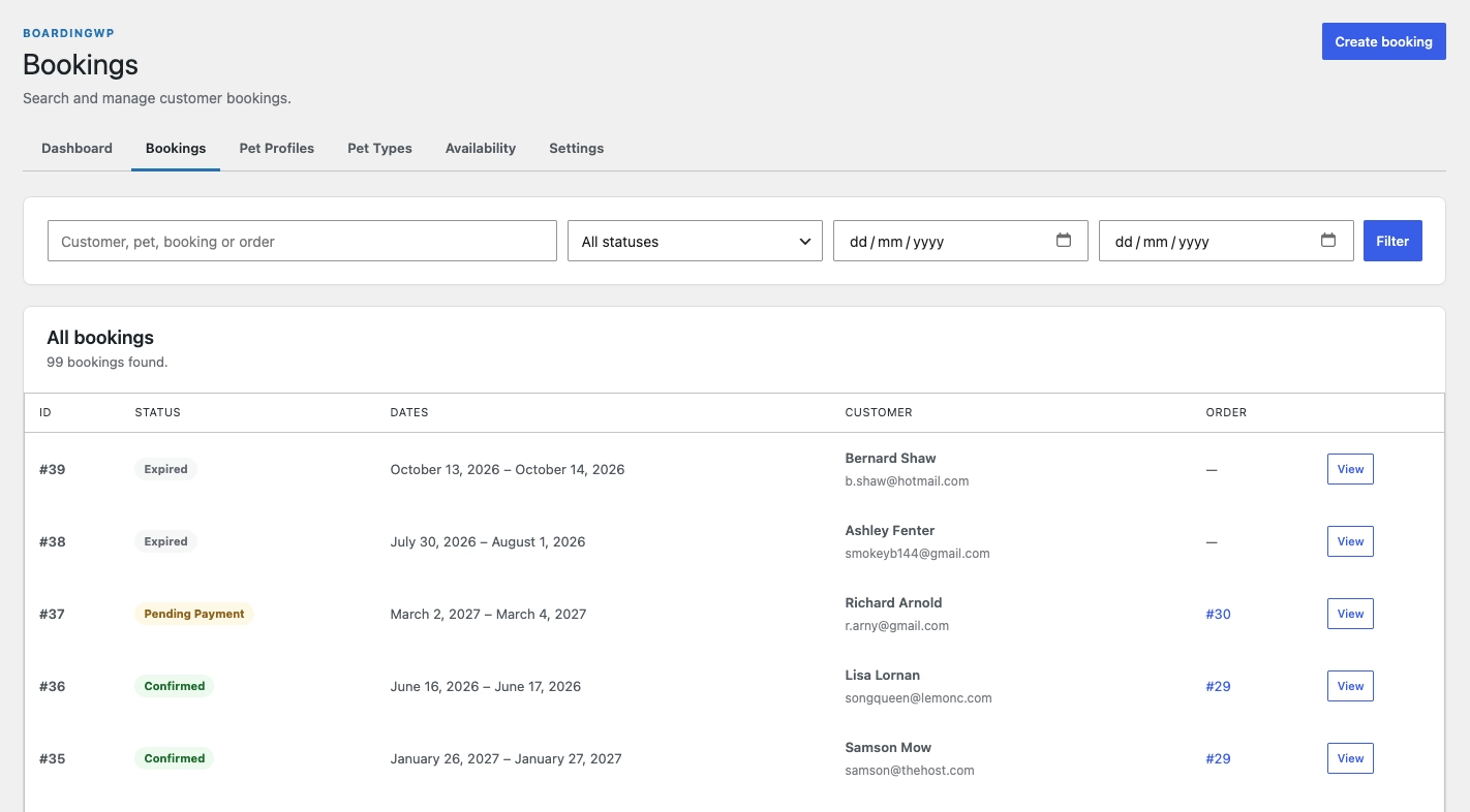 BoardingWP bookings view showing upcoming stays and booking records