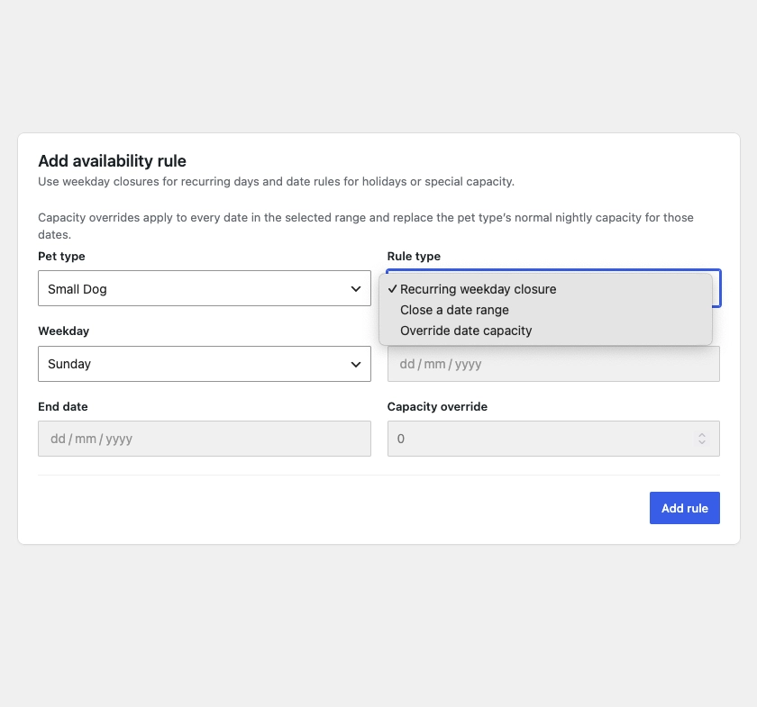 BoardingWP availability rules and capacity controls