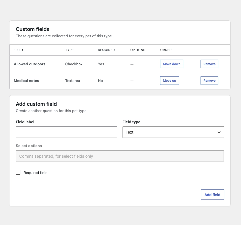 BoardingWP custom booking fields for customer and pet details