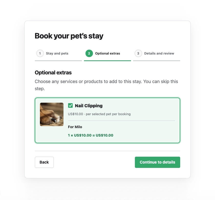 BoardingWP optional extras and booking add-ons