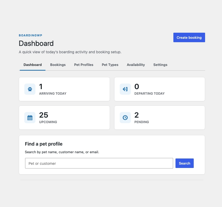 BoardingWP dashboard showing arriving, departing, and upcoming bookings