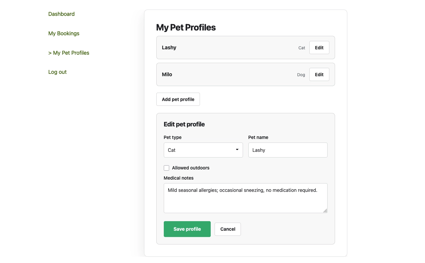 BoardingWP saved pet profiles and pet information management